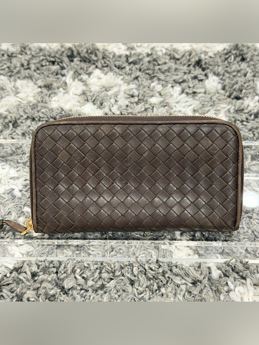 EUC Authentic Bottega Veneta Intrecciato Woven Leather Zip Around Wallet Brown